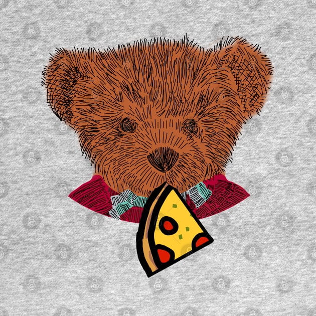 Cute Teddy Bear Portrait with Pepperoni Pizza Slice by ellenhenryart